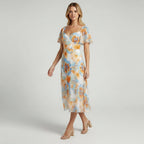 Women’s Sweetheart Neck Floral Midi Dress With Flutter Sleeves
