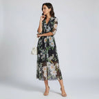 Women’s Sheer Floral Midi Dress With 3/4 Sleeves