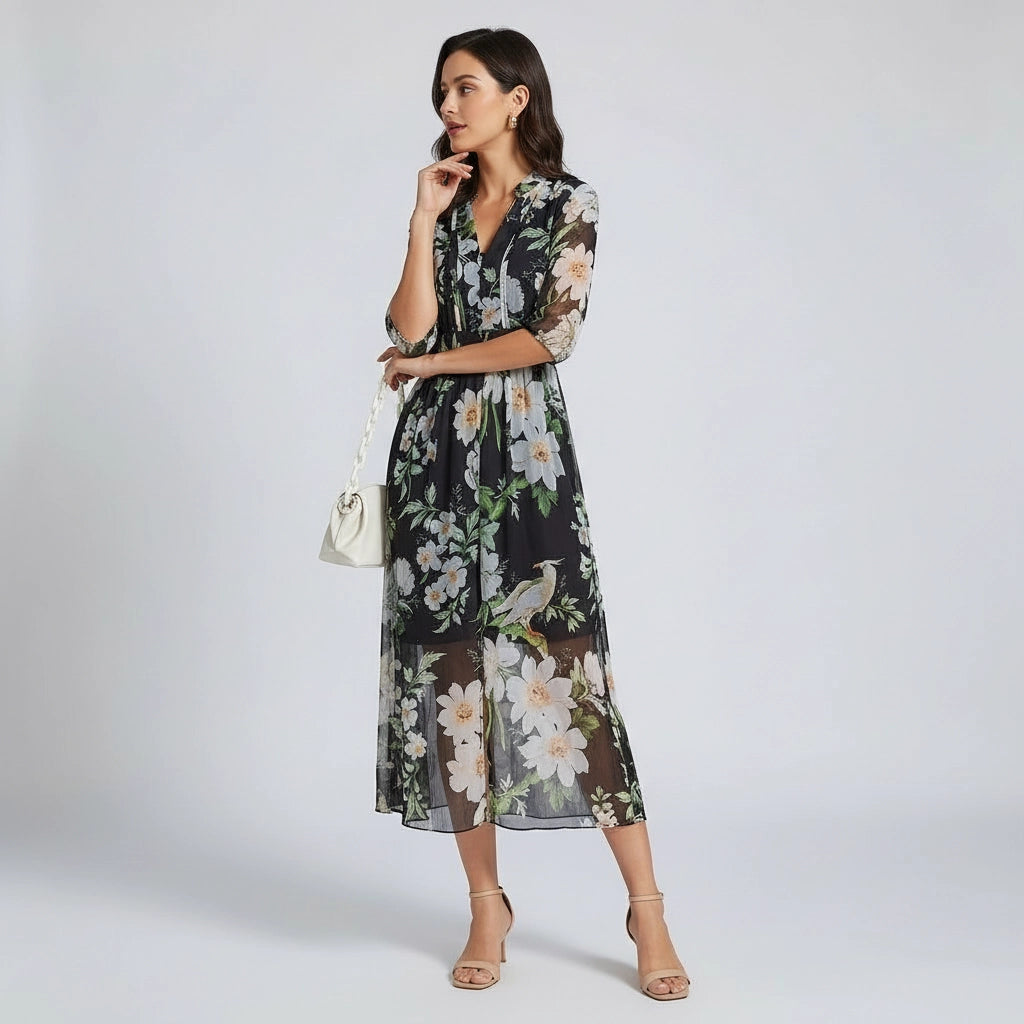 Women’s Sheer Floral Midi Dress With 3/4 Sleeves