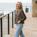 Animal Print Peplum Top with Long Sleeves Brown 1