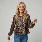 Animal Print Peplum Top with Long Sleeves Brown 2