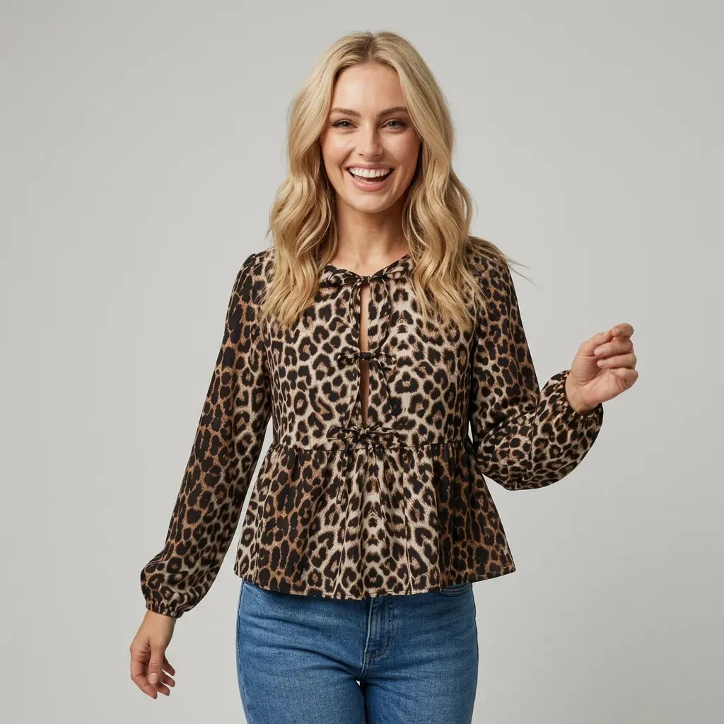 Animal Print Peplum Top with Long Sleeves Brown 2