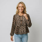 Animal Print Peplum Top with Long Sleeves Brown 3