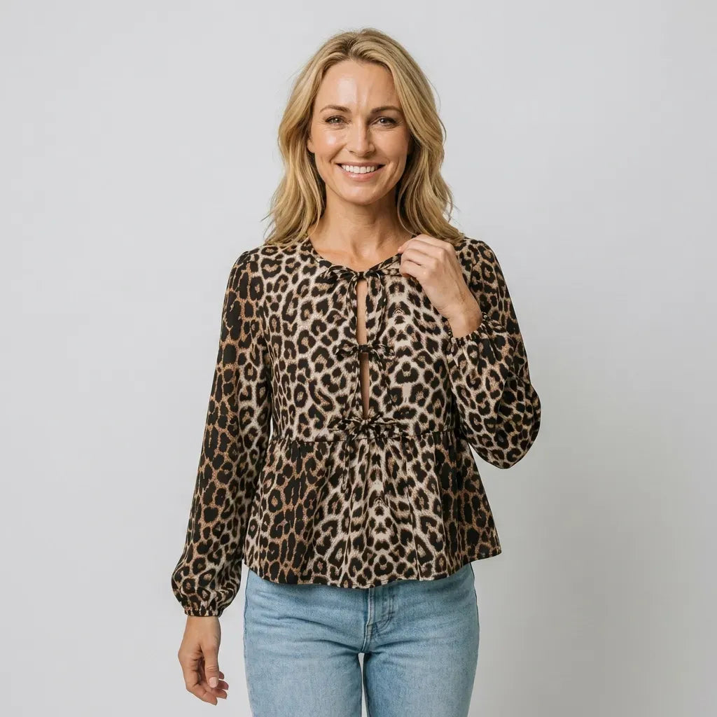 Animal Print Peplum Top with Long Sleeves Brown 3