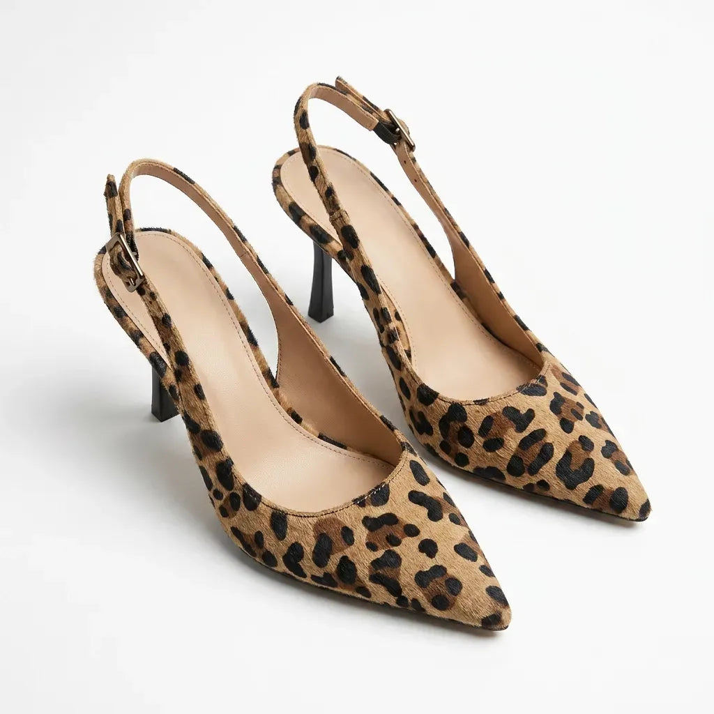 Animal Print Pointed Toe Slingback Heels Brown 2