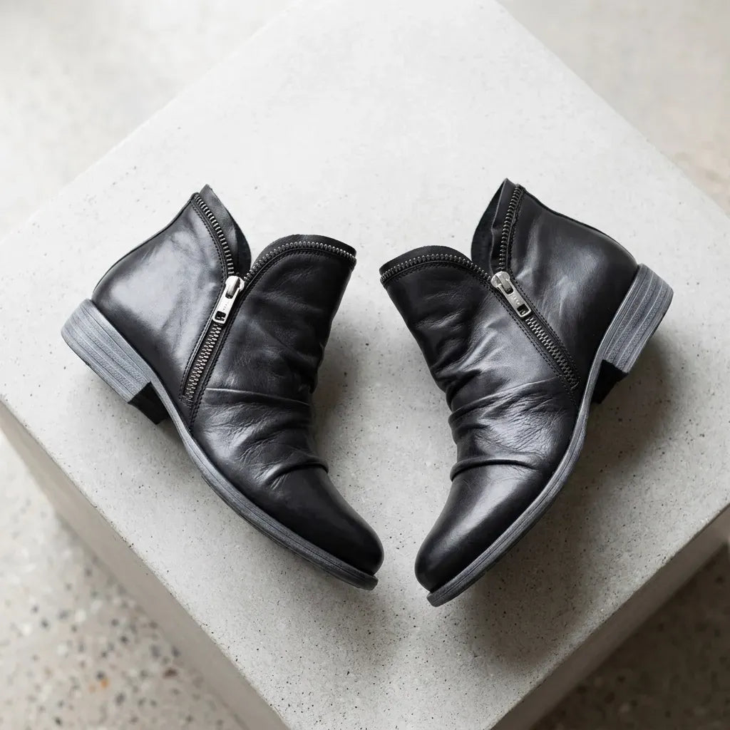 Ankle Leather Boots with Round Toe Black 2