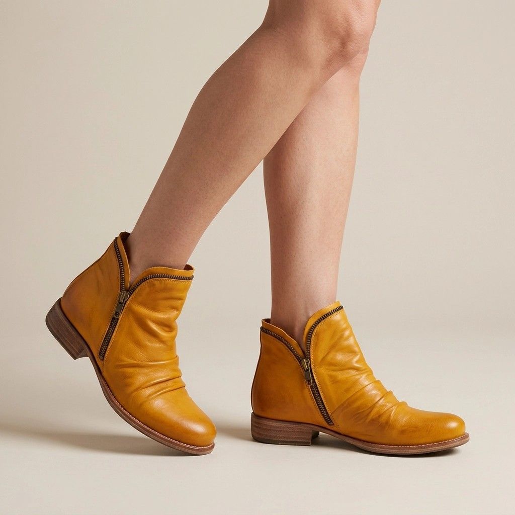 Ankle Leather Boots with Round Toe Yellow 4