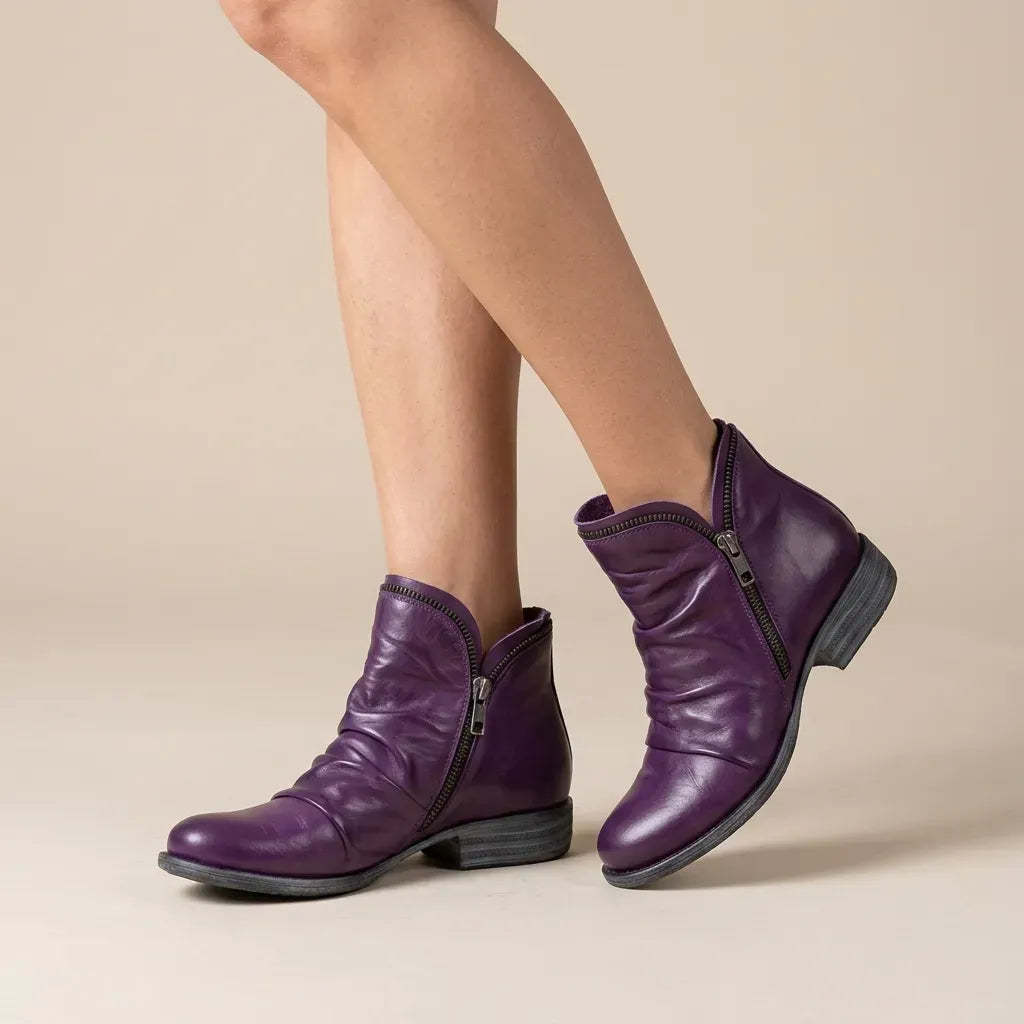 Ankle Leather Boots with Round Toe Purple 5