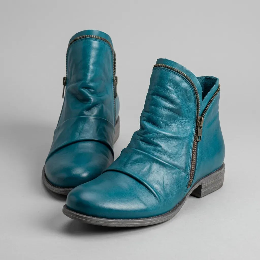 Ankle Leather Boots with Round Toe Blue 6