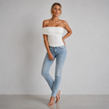 Fitted Sleeveless Off-Shoulder Ruched Top White 1