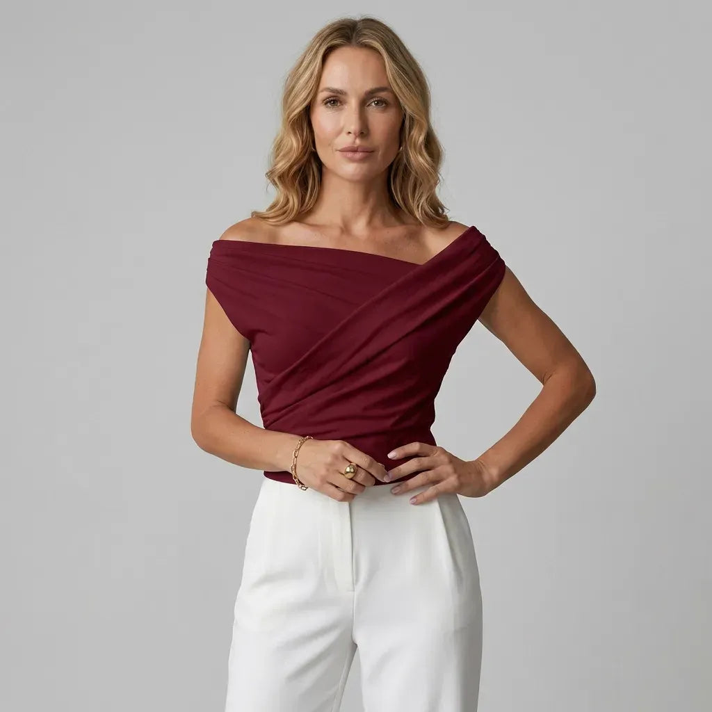 Asymmetrical Off Shoulder Top Dark Red 7