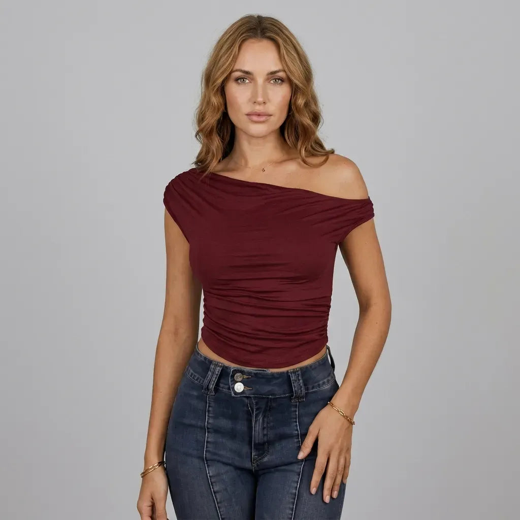 Asymmetrical One-Shoulder Ruched Top Dark Red 10