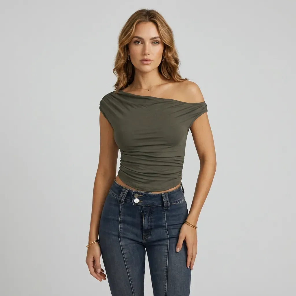 Asymmetrical One-Shoulder Ruched Top Dark Green 3