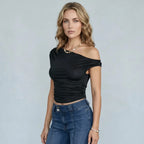 Asymmetrical One-Shoulder Ruched Top Black 4
