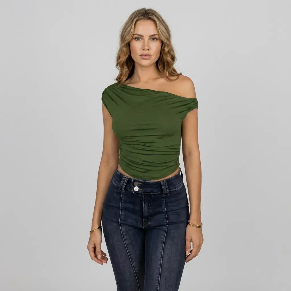 Asymmetrical One-Shoulder Ruched Top Dark Green 5