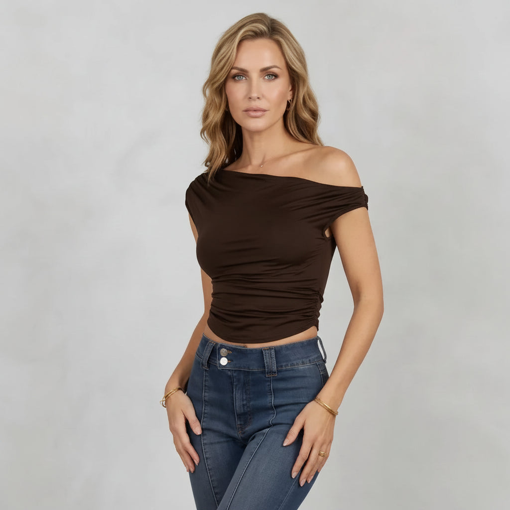 Asymmetrical One-Shoulder Ruched Top Brown 6