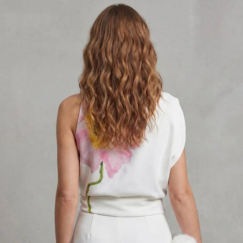 Asymmetrical One Shoulder Top with Floral Print White 1