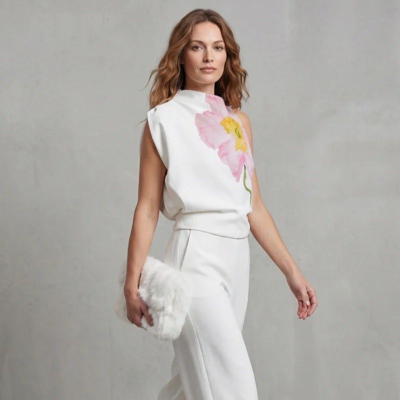 Asymmetrical One Shoulder Top with Floral Print White 2