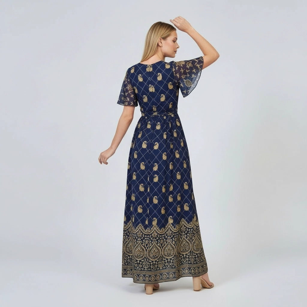 Women’s Boho Print Maxi Dress With Tie Waist