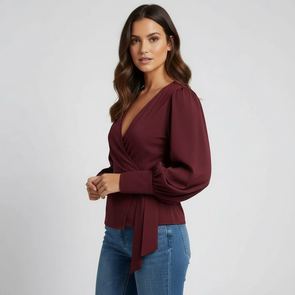 Wrap V-Neck Blouse with Puff Sleeves