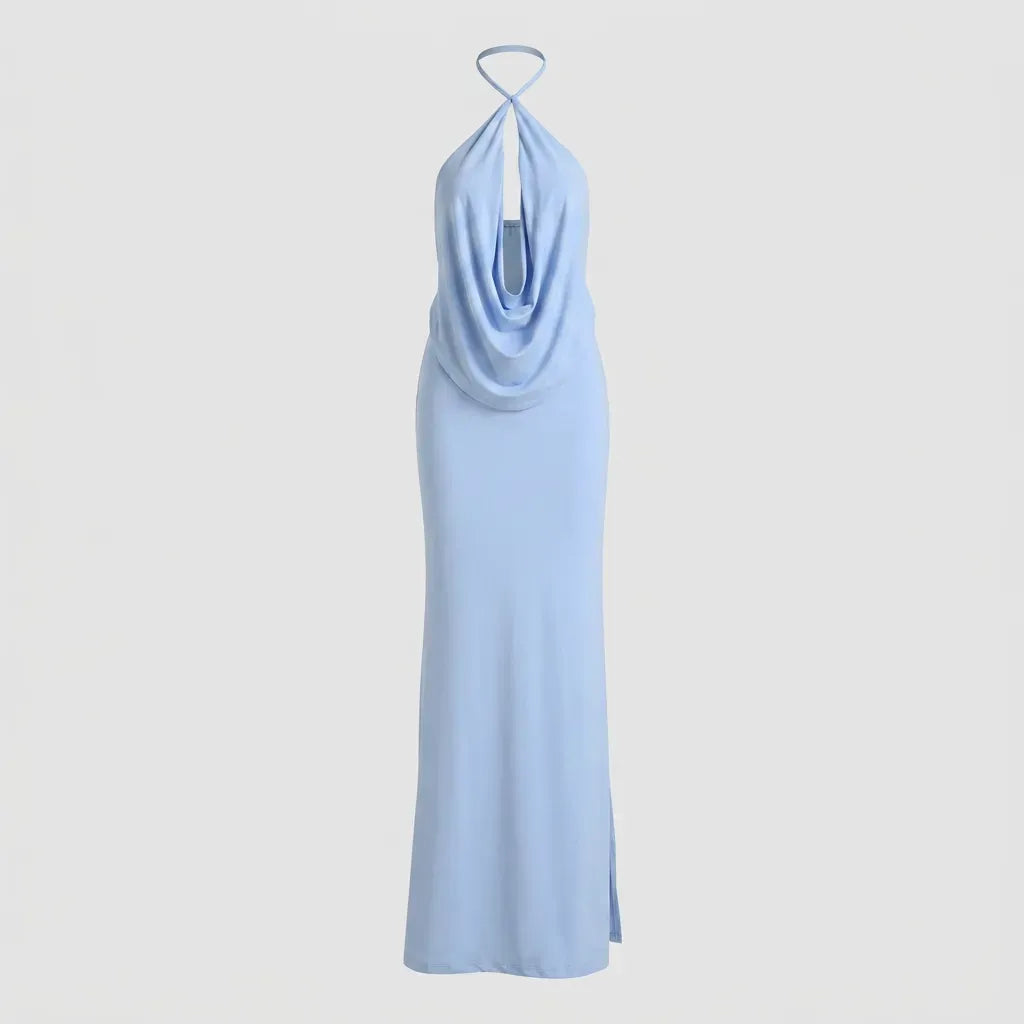 Backless Jersey Halter Maxi Dress Light Blue 2