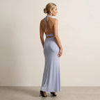 Backless Jersey Halter Maxi Dress Light Blue 3