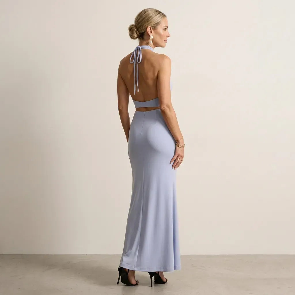 Backless Jersey Halter Maxi Dress Light Blue 3