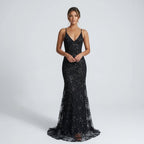 Backless Mermaid Evening Dress with Glitter Appliqués in Black – 1