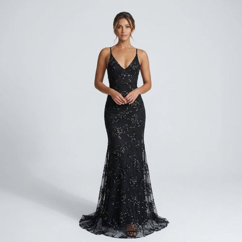 Backless Mermaid Evening Dress with Glitter Appliqués in Black – 1