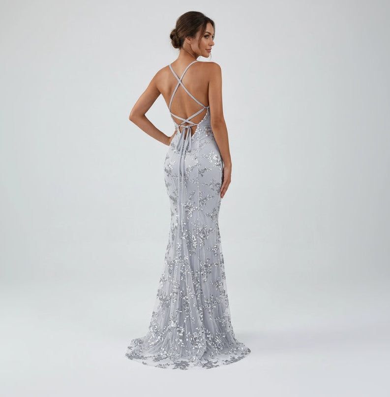 Backless Mermaid Evening Dress with Glitter Appliqués in Grey – 3