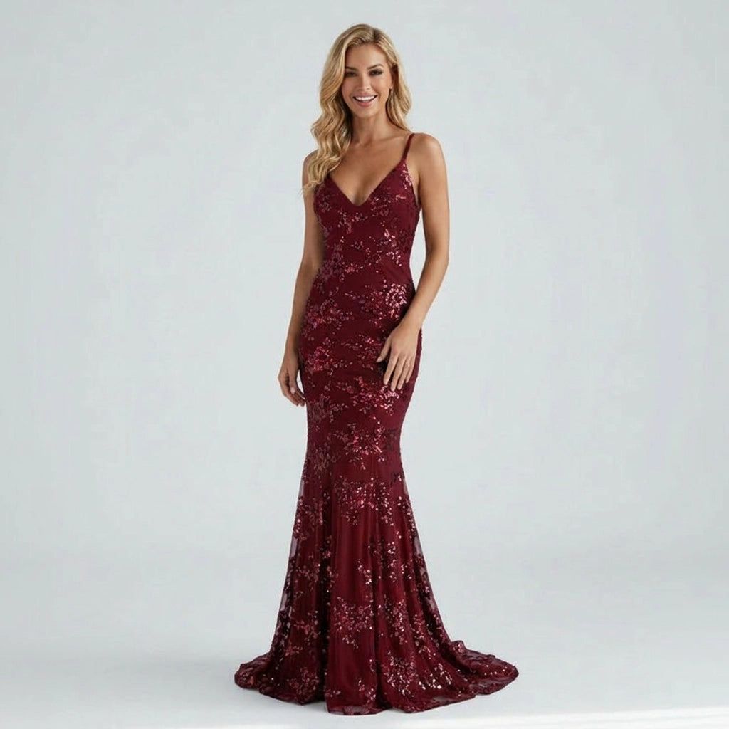 Backless Mermaid Evening Dress with Glitter Appliqués in Red – 4