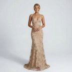 Backless Mermaid Evening Dress with Glitter Appliqués in Beige – 6