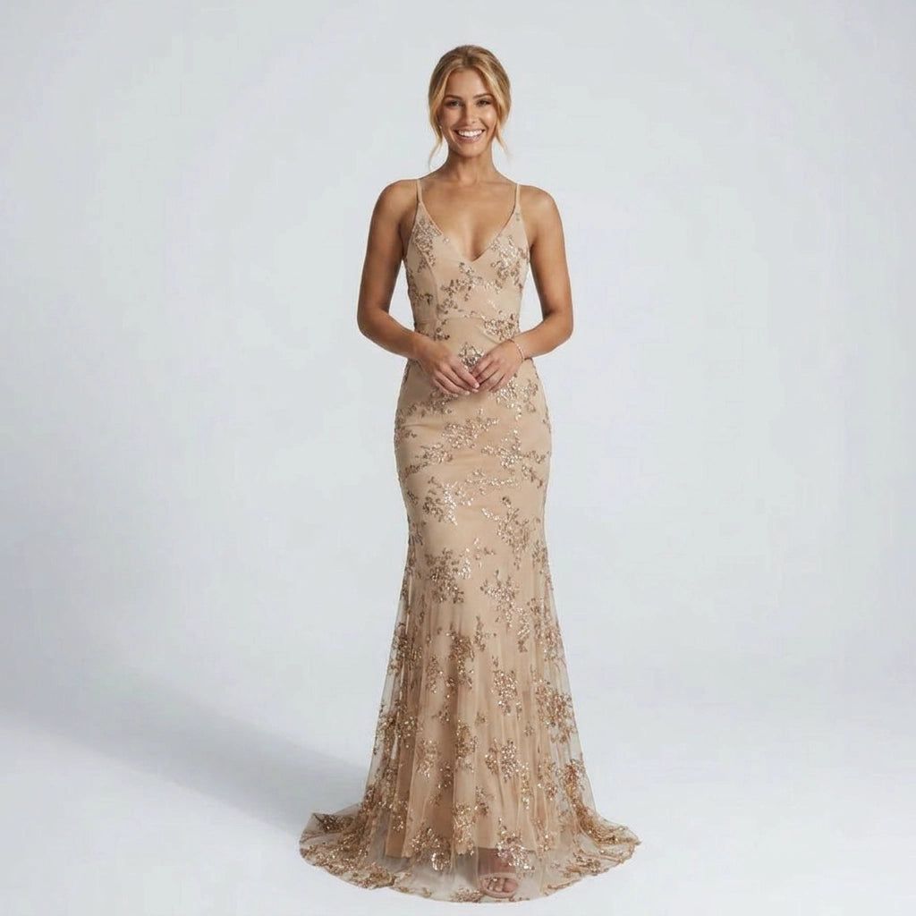 Backless Mermaid Evening Dress with Glitter Appliqués in Beige – 6