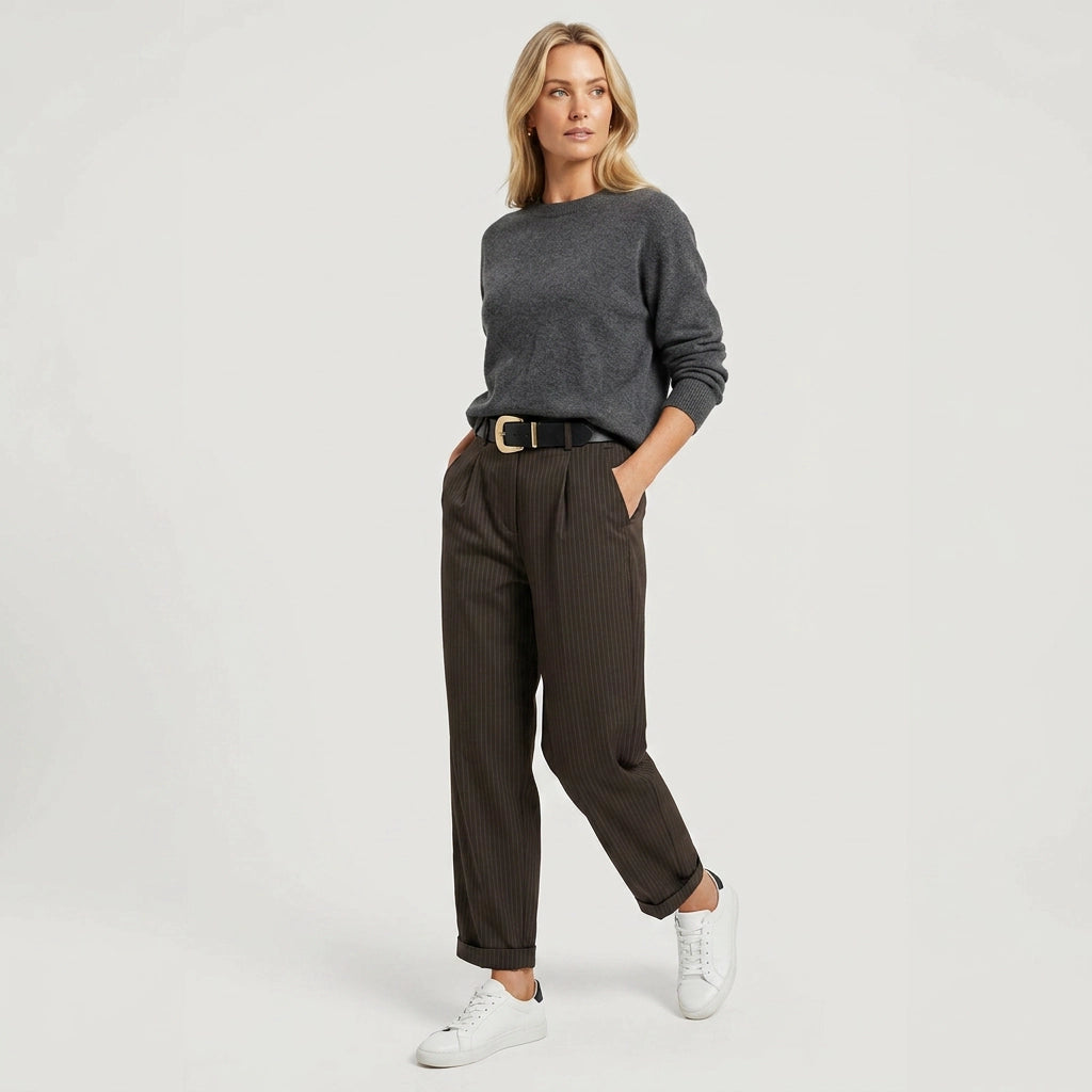 Barrel Leg Pants with Tapered Leg in Striped Pattern Brown 4