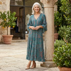 Bell Sleeve Boho Maxi Dress with Ruffled Hem Blue 1