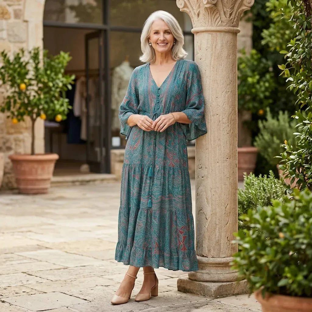 Bell Sleeve Boho Maxi Dress with Ruffled Hem Blue 1