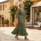 Bell Sleeve Boho Maxi Dress with Ruffled Hem Green 2