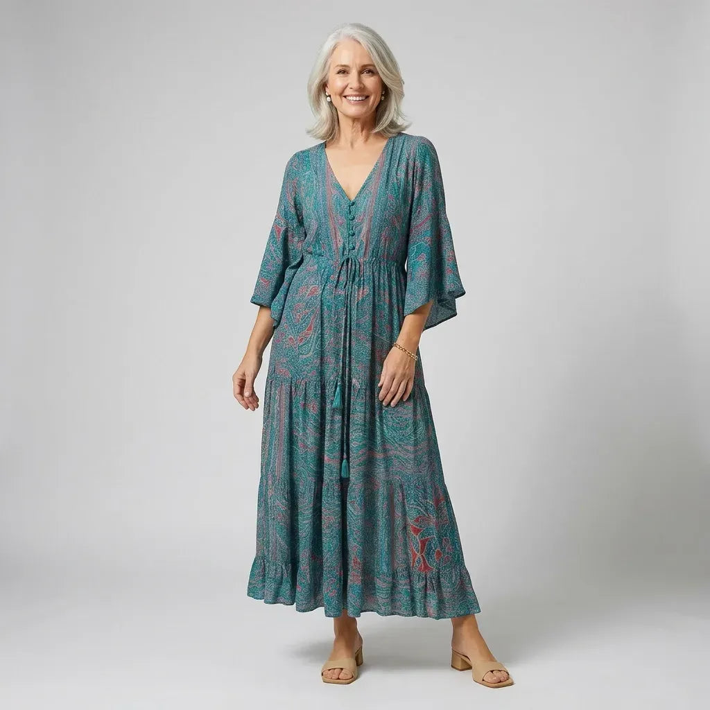 Bell Sleeve Boho Maxi Dress with Ruffled Hem Blue 3