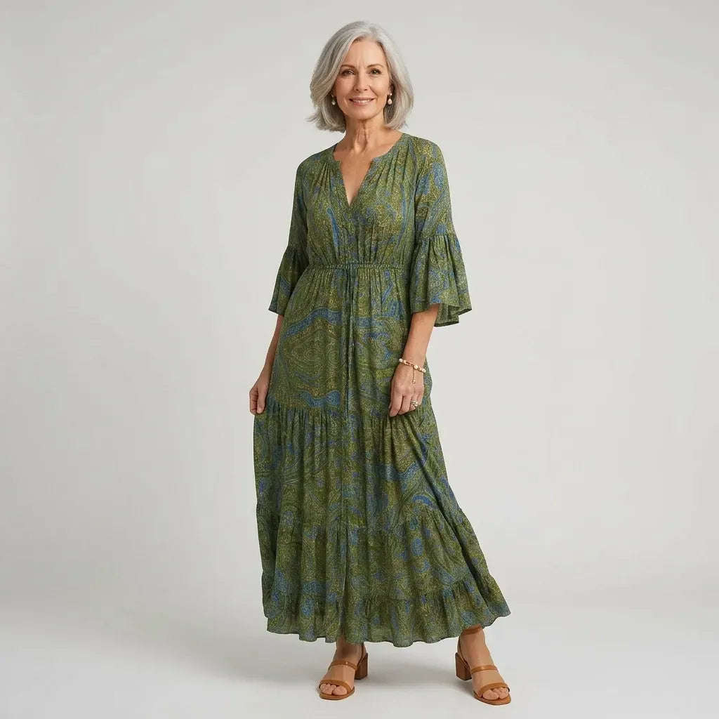 Bell Sleeve Boho Maxi Dress with Ruffled Hem Green 4
