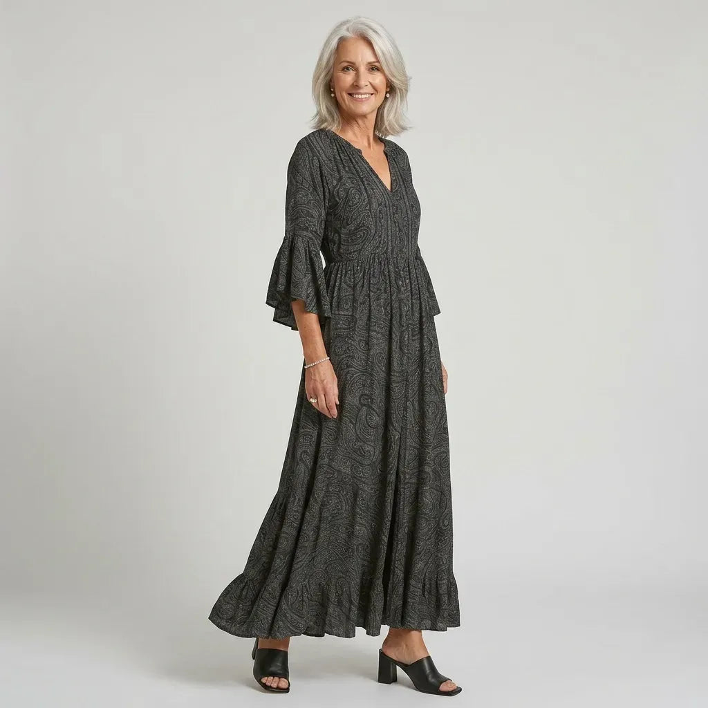 Bell Sleeve Boho Maxi Dress with Ruffled Hem Grey 5