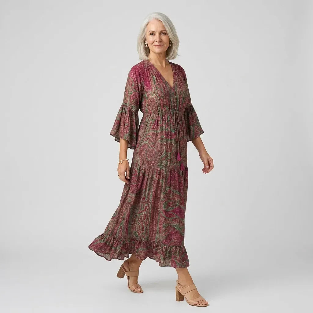 Bell Sleeve Boho Maxi Dress with Ruffled Hem Red 6