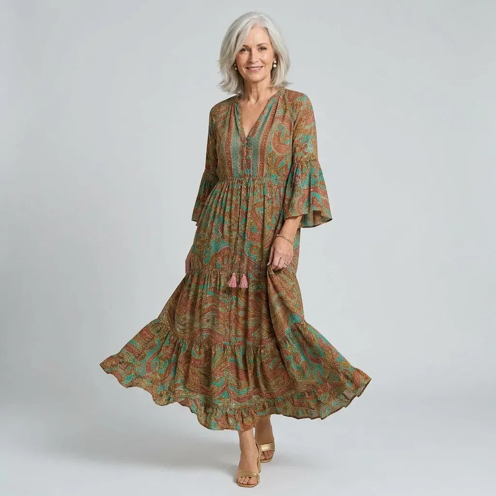 Bell Sleeve Boho Maxi Dress with Ruffled Hem Orange 8