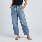 Women’s High Waist Wide Leg Cargo Jeans with Drawstring