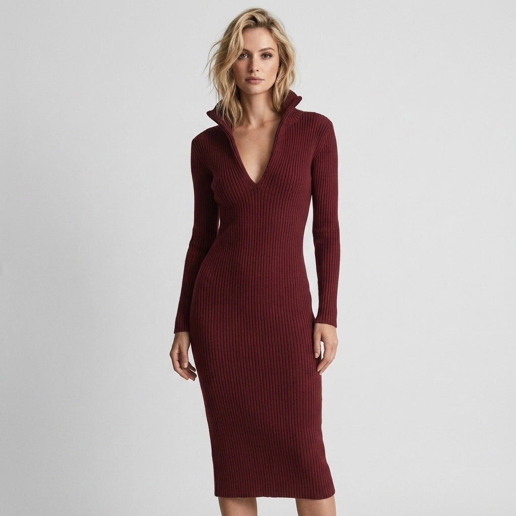 Bodycon Knit Winter Dress with Collar Detail Bordeaux 6