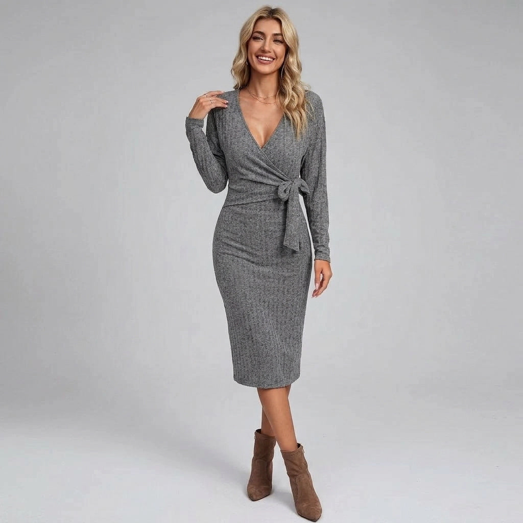 Bodycon Knit Winter Dress with Long Sleeves Dark Grey 3