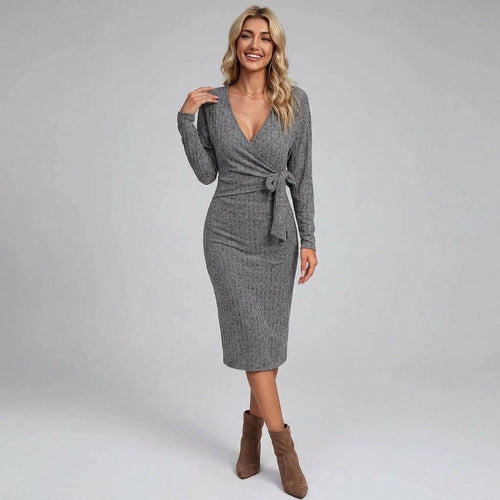 Bodycon Knit Winter Dress with Long Sleeves Dark Grey 3