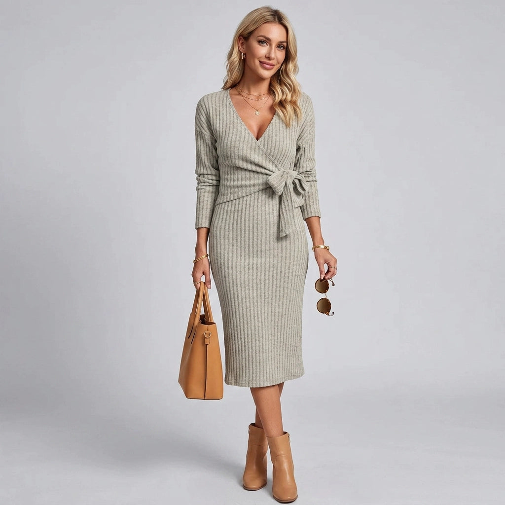 Bodycon Knit Winter Dress with Long Sleeves Khaki 4