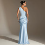 Bodycon Ruched Wedding Guest Dress in Satin Light Blue 1