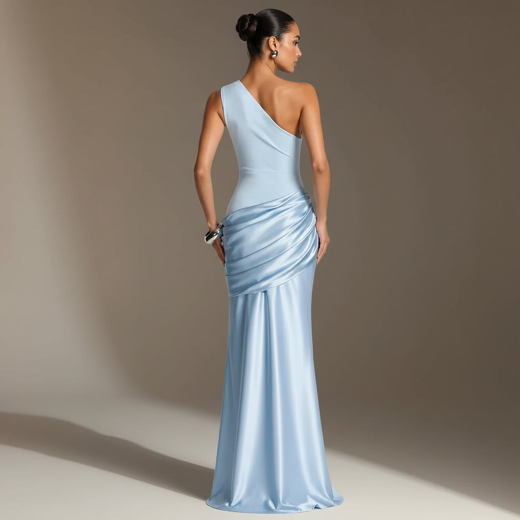 Bodycon Ruched Wedding Guest Dress in Satin Light Blue 1