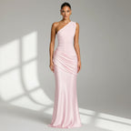 Bodycon Ruched Wedding Guest Dress in Satin Pink 3
